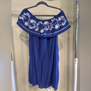 doe and rae Off The Shoulder dress Medium Blue With White Embroidered Flowers